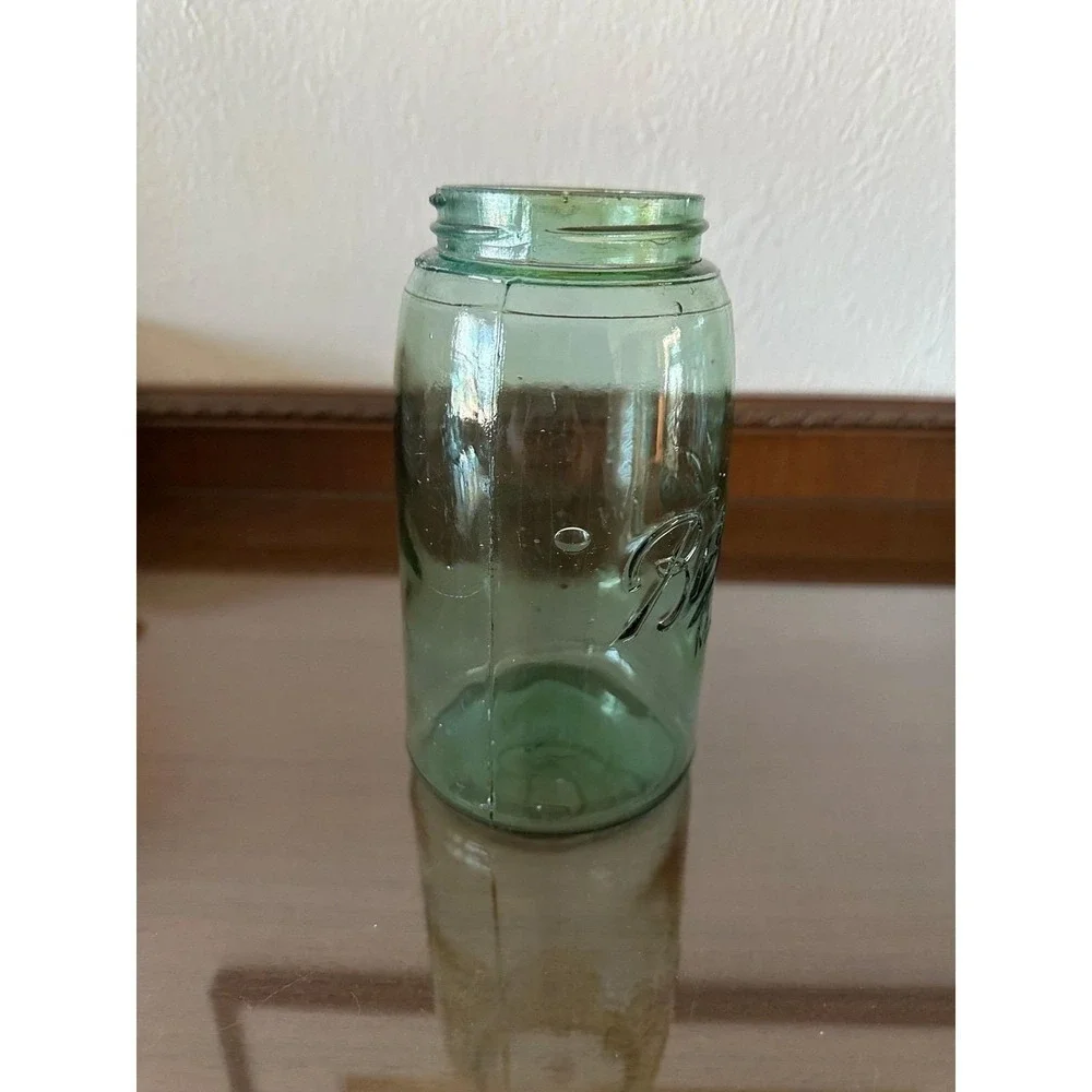Ball Mason Jar Aqua Green Glass Quart Size Embossed Script Logo 1900-1910